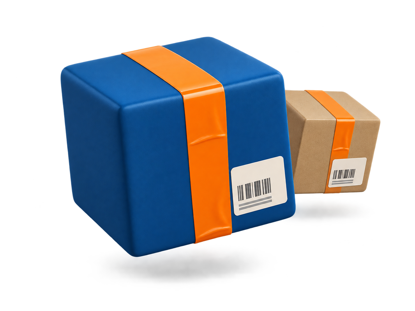 Ilustração 3D de encomendas azul e kraft com fita laranja